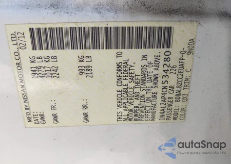 2012 Nissan Altima 2.5 S z USA, uszkodzony, nr VIN 1N4AL2AP4CN534280